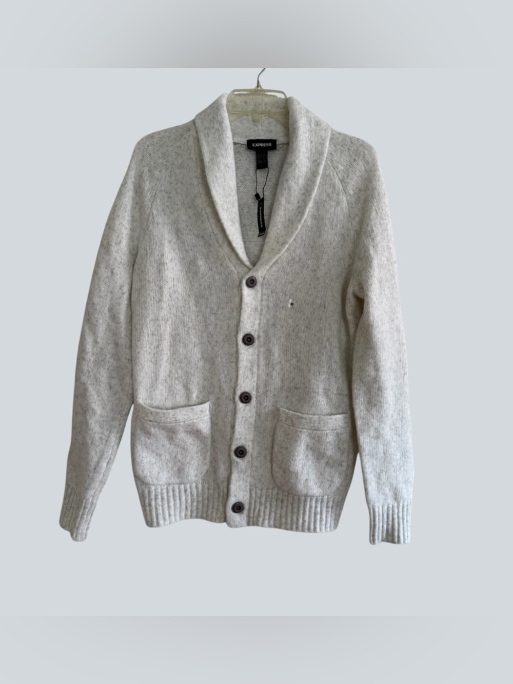 Express Shawl Cardigan Button Up Knit Sweater Heather White Grandpa Preppy M NWT